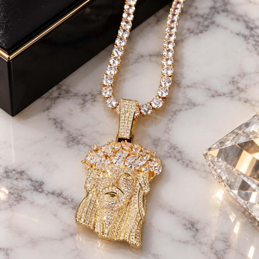 Gold Iced Out Jesus Pendant Tennis Chain Necklace – 20”